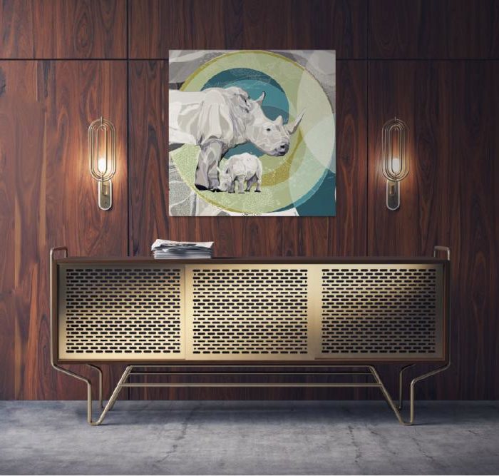 Turnowsky rhino wall art over cabinet