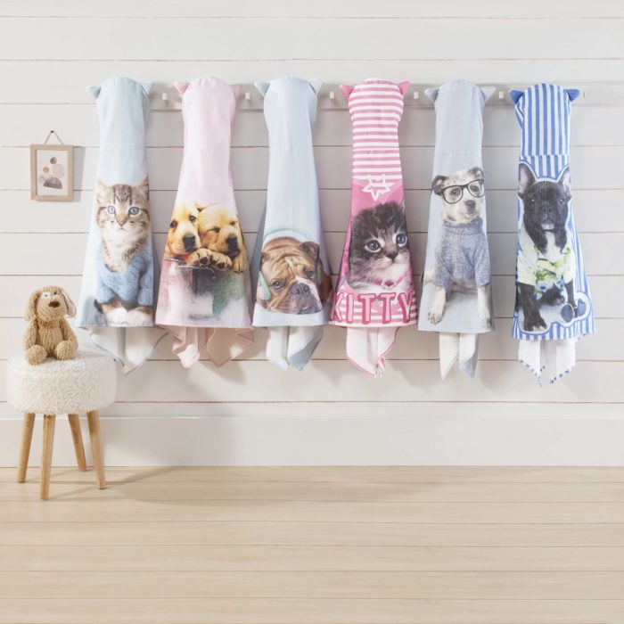 Rachael Hale animal bath towels hanging in bathroom