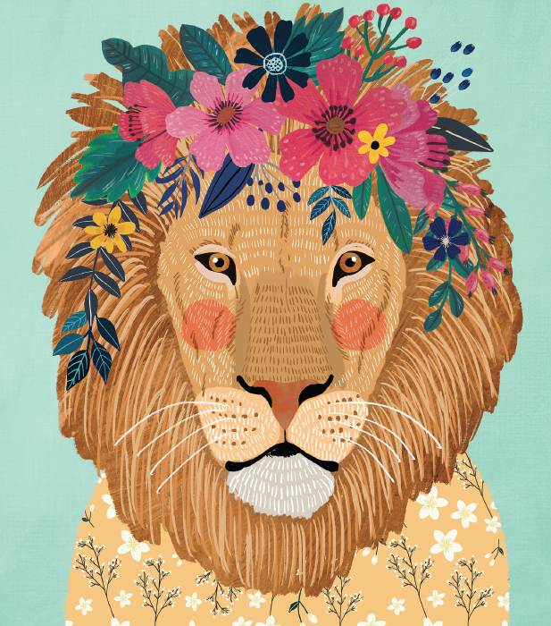 Mia Charro lion with flowers teal background