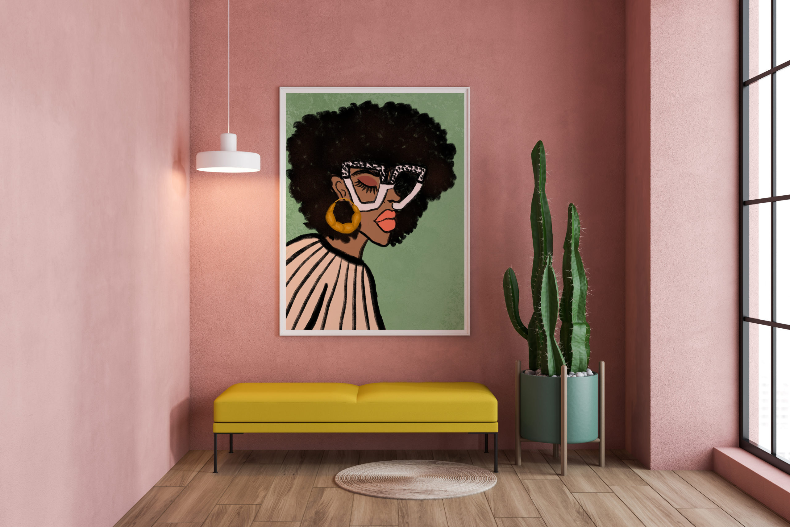 Unique portrait on pink wall
