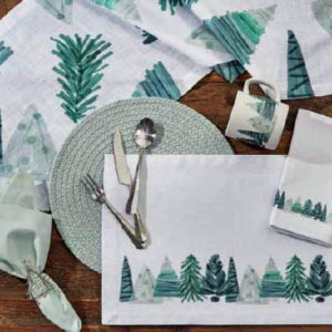 Table linens with evergreen trees